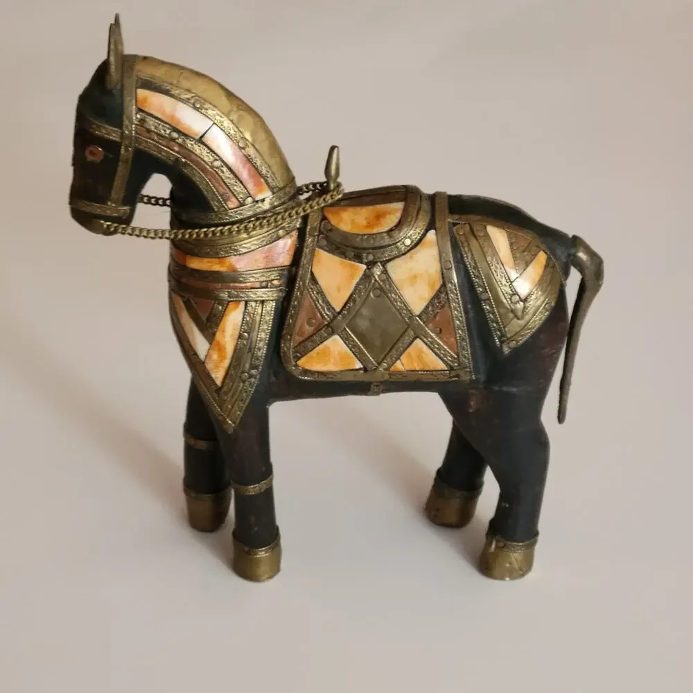 Vintage Carved Wood with Hammered Brass & Stone Inlay Armored War Horse Figure